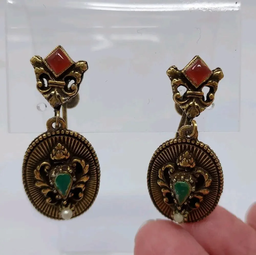 Vintage Victorian Revival Earrings Dangle Aged Gold Tone Gemstones Screw Back